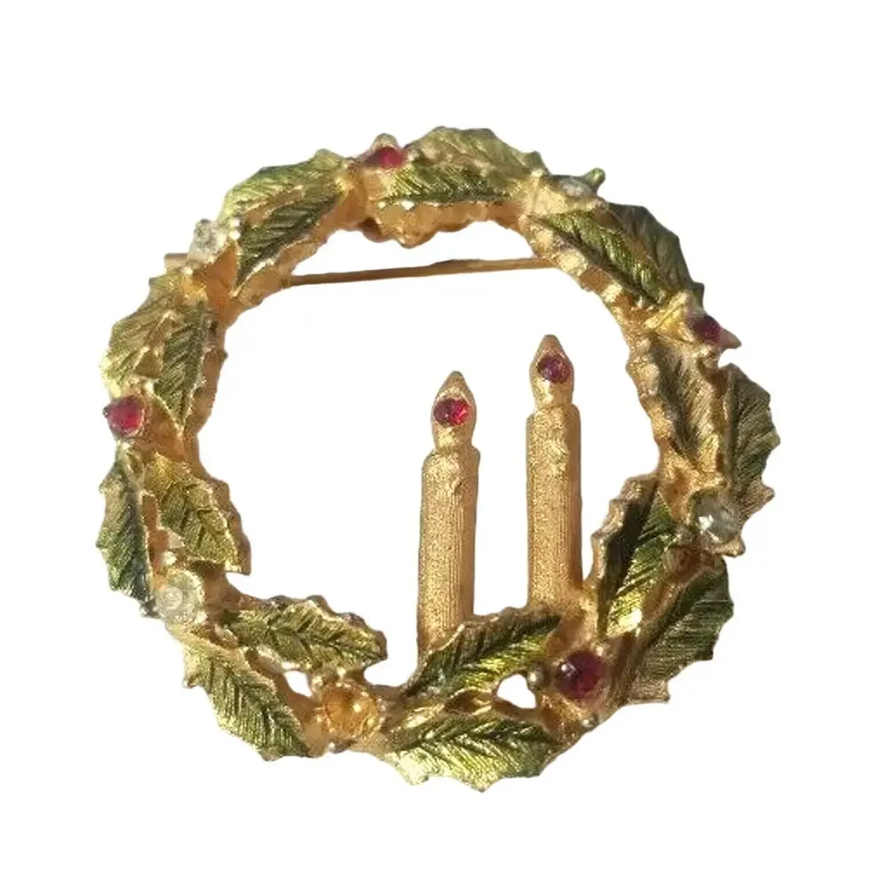 Vintage Brooch Christmas Wreath, Candles Pin Gold Tone Red Rhinestone, Gift Box
